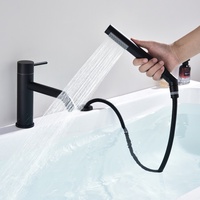 Robinet de baignoire cylindrique noir mat à poignée unique, montage sur pont à 2 trous, corps rond, bec de baignoire avec douchette à main