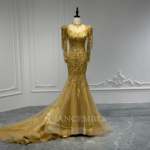 Robe de soirée sirène de luxe Xs228 en dentelle royale avec appliques de cristaux et volants, dorée, élégante, pour femme, idéale pour les fêtes et mariages - Product Image 2