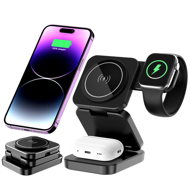 3 in 1 Foldable Magnetic Charging Station Fast Travel Pad for Multiple Devices for iPhone17/16/15/14/13 for iWatch for AirPods