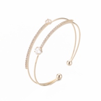 Gelang Bangle Zirkon Bunga Trendy Lapis Emas 14K, Gelang Manset Terbuka Dua Lapis untuk Wanita, Gelang Fashion Liburan Pantai