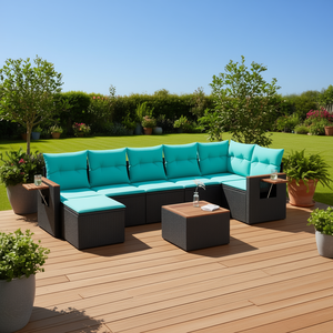 Set di divani da giardino moderni in polyrattan nero da 8 pezzi con cuscini per sedute all'aperto - Product Image 2