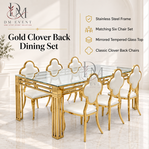 Ensemble de table à manger en acier inoxydable de qualité supérieure avec plateau en verre et chaises à dossier en forme de trèfle pour événements et banquets, vente en gros - Product Image 1