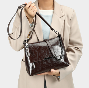 Sac fourre-tout en cuir véritable noir avec chaîne, bandoulière, sac à main, portefeuille à rabat pour usage quotidien - Product Image 5