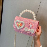 Elegante Bolso Bandolera Infantil con Asa de Perlas, Diseño Cuadrado de Dibujos Animados y Monedero en Forma de Corazón para Niñas