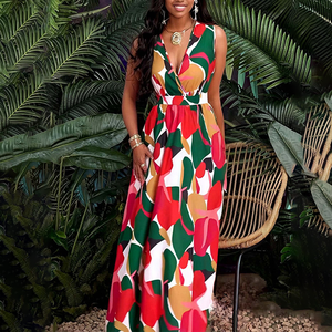 Elegante Abito Lungo con Collo all'Americana, Scollo Profondo a V, <span class=keywords><strong>Stampa</strong></span> Color Block, Stile Fluido con Cintura, Abito Estivo da Donna per Feste Tropicali - Product Image 5