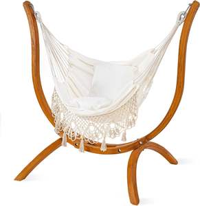 Sedia a Dondolo con Supporto in Legno e Macramè Boho Fatto a Mano con Cuscino per Interni ed Esterni Camera da Letto - Product Image 1