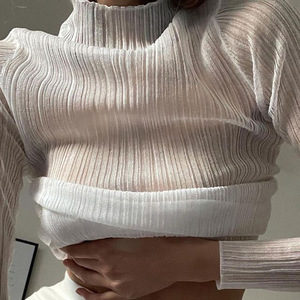 Fall Elegant <strong>See</strong> <strong>Through</strong> Long Sleeve Mock Neck Women <strong>Tops</strong> Fashion Streetwear Sexy T-Shirts Tees Slim Clothes - Product Image 3