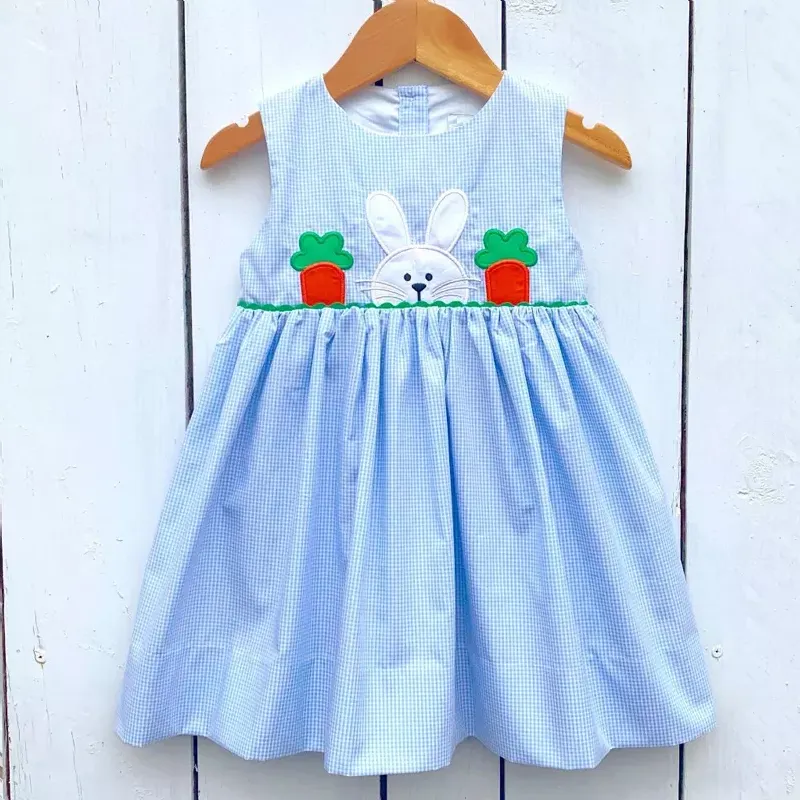 Monogramme vêtements de créateur pour enfants, vente en gros, bleu clair, lapin de jardin, robe de soirée d'été pour filles
