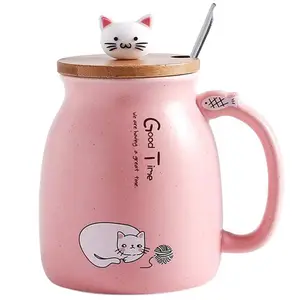 New design cute cat ceramic mug with 3D cat wooden lid and spoon couple cartoon cats Milk Cup for women girls kids