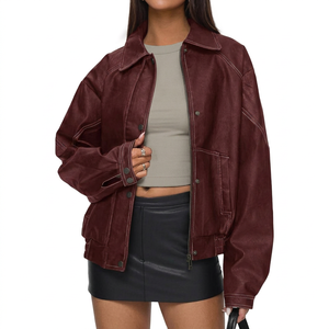 Veste moto en cuir véritable rouge pour femme, manches longues, fermeture éclair, col montant, style automne - Product Image 1