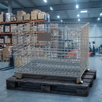 Cage de palette en treillis métallique galvanisé à conception emboîtable, conteneur de stockage pliable avec loquet coulissant et pieds empilables