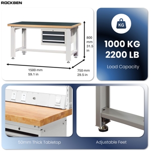 Banc de travail en acier robuste ROCKBEN, banc de travail pour garage et atelier avec rangement, banc de travail modulaire, poste de travail robuste, électronique - Product Image 2