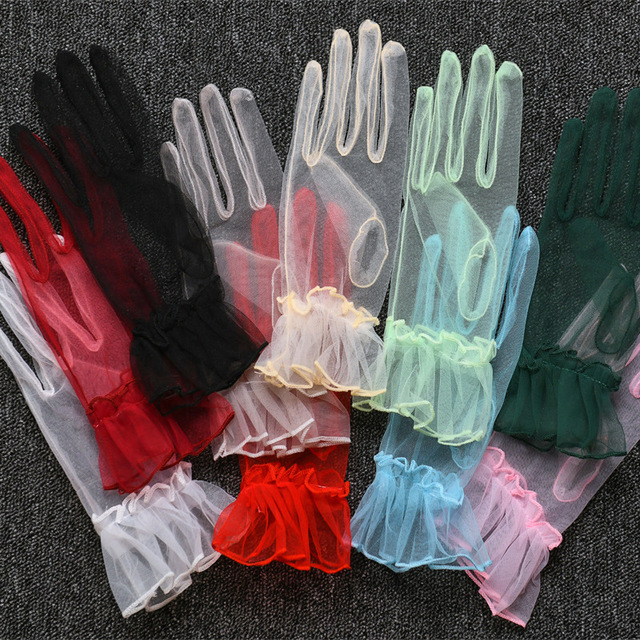 New Wedding Gloves Women's Korean Transparent Thin Mesh Short Colorful Opera Ball Gloves