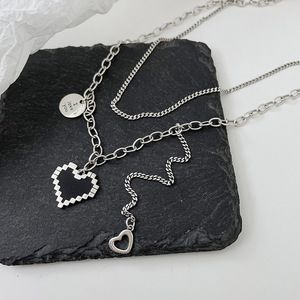 S925 Sterling Silver <b>Heart</b> Necklace <b>Black</b> Mosaic Design For Women Sweater Chain Gift Jewelry - Product Image 3