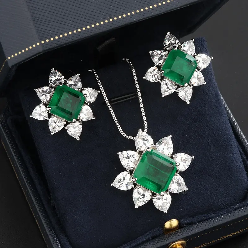 2024 New Luxury Women Fine Jewelry Sets Dubai Diamond Zircon Jewelry Emerald Zirconia Necklace Earrings Bridal Flower Jewellery Set
