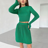 Vêtements de sport décontracté fille Sexy manches longues haut tricoté Mini robe costume femmes pull Tennis 2 pièces jupe ensemble plissé