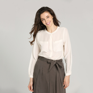 100% de seda de estilo chino de manga larga dos bolsillos en el pecho tops camisas de oficina blusa damas tops mujer - Product Image 1