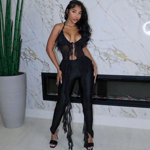 Nuova Moda Estiva Sexy <span class=keywords><strong>Top</strong></span> Corto Senza Maniche con Frange Irregolari e Cintura per Donne - Product Image 2