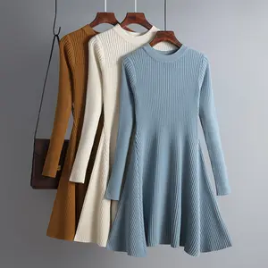 Autumn Winter New Outdoor Knitted LongSleeve Dress Solid Color Slim Fashion Dress