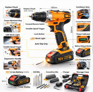 Trapano Avvitatore a Batteria 16V con Motore Brushless, <span class=keywords><strong>2</strong></span> Velocità, Luce LED, Batteria Li-ion <span class=keywords><strong>2</strong></span>.0Ah, Utensile Professionale - Product Image 4