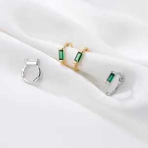 925 Sterling Sliver Tiny baguette green and white cz simple trendy earring hoops