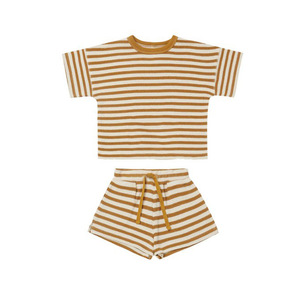Ivy83539A Conjunto de Ropa de Verano 2022 Estilo Nórdico para Bebés, Niñas y Niños, Cuello Redondo, Manga Corta, Diseño Waffle, Traje a Rayas para Niños Pequeños - Product Image 4