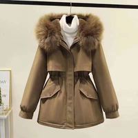 HANOU 2024 Nouveau Manteau d'hiver matelassé mi-long à capuche avec grand col en fourrure KYT