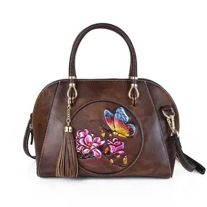 Women's bag head layer cowhide handbag brush color flower one shoulder crossbody bag retro fashion shell bag