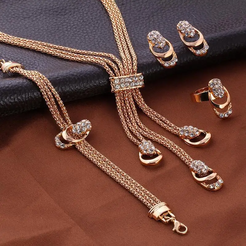 Rose Goud Kleur Crystal Ketting Oorbellen Armband Ring Set Rhinestone New Simple Party Dress Sieraden Sets Voor Vrouwen