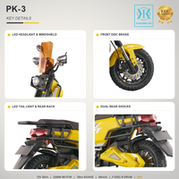 Scooter électrique 2200W, style rétro tout-terrain, pneus larges, batterie 72V, frein à disque avant, frein à tambour arrière, deux places avec porte-bagages
