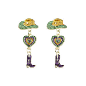 Mardi Gras Vert Jaune Violet Goutte À Goutte D'huile Fleur Émail Cowboy Chapeau Bottes Dangle Boucle D'oreille - Product Image 1