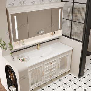 Mueble de Baño de Roble Estilo Americano Color Crema Francés con <span class=keywords><strong>Espejo</strong></span> Inteligente, Lavabo Integrado de Cerámica Impermeable y Superficie de Piedra - Product Image 2