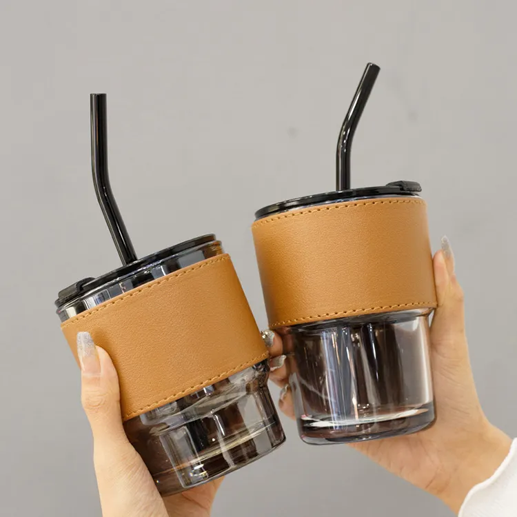 15 OZ Amber Coffee Mug Tumbler Online New Trending 2022 Creative Travel Glass Water Bottle Milk Cup With Sleeve Straws And Lid