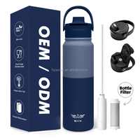 Nouveauté Bouteille d'eau en acier inoxydable sans BPA à double paroi de 1000ml avec filtre en fibre de carbone pour la randonnée à vélo