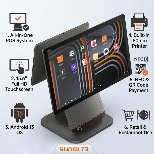 SUNMI T3 Dual Screen All in One Cash Register Adjustable Touch Screen Qualcomm OEM Android Data Pos System