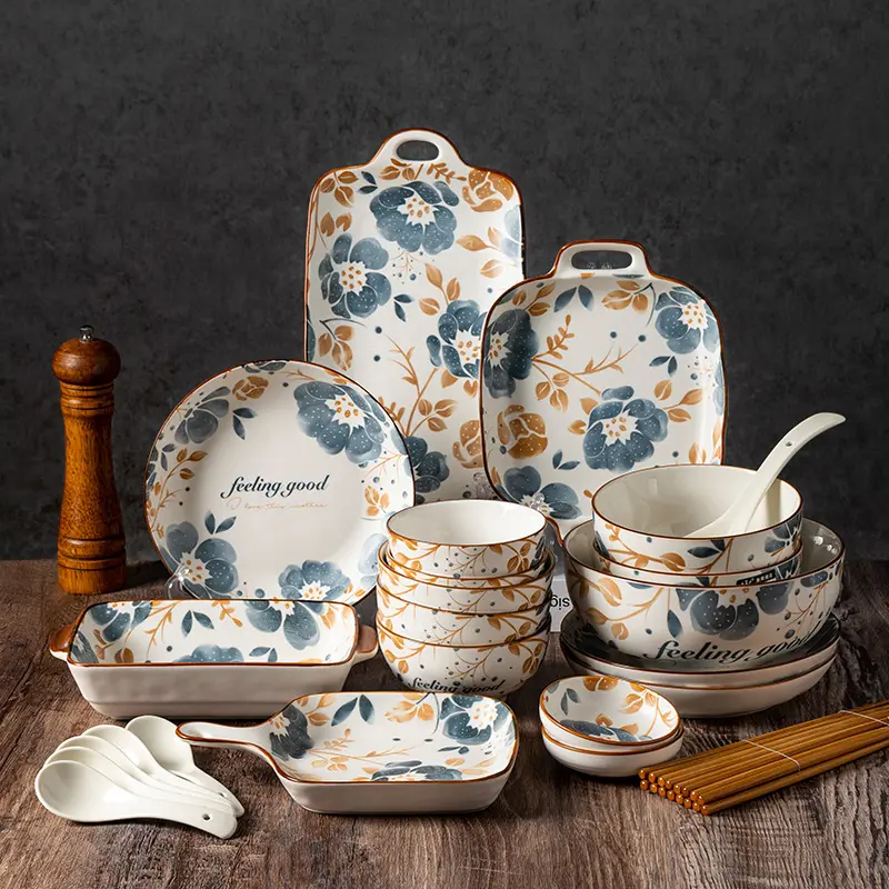 Chinese style vintage flower design under glaze color dinnerware set factory direct ceramic dish and plate