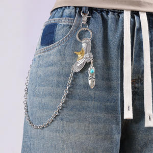 Hollow Eagle <b>Feather</b> Waist Chain Double <b>Ring</b> <b>Silver</b> Tone Men's Motorcycle Pants Chain Accessory - Product Image 1