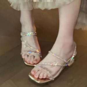 2026 New Summer Rhinestone 2-Way Sandals for Women Fairy Style High Heel <b>Slides</b> for Outdoor Wear Gorgeous and Trendy with Dres - Product Image 2