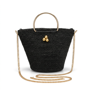 Stylish Round Bottom Raffia Woven Straw Bucket <b>Handbag</b> with Zipper Closure Two Straps & <b>Chain</b> Strap for Beach Vacation Daily Use - Product Image 3