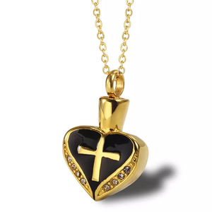 Collar con colgante de urna en forma de cruz de corazón de acero inoxidable con circonita, recuerdo conmemorativo, kit de embudo para servicios funerarios budistas - Product Image 4