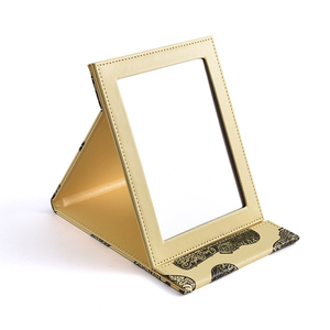 Pu Leather Yellow Rectangle Folding Table <b>Standing</b> Single Side Makeup Cosmetic Mirror - Product Image 1