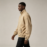 Jaket Vintage Beige Distressed dengan Ritsleting, Bordir Matahari Tone On Tone, Detail Rusak, Ukuran Oversized, Outerwear Gaya Jalanan