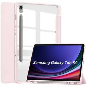 3つ折りPUレザーケースクリアPCカバースマートオートウェイクスリープタブレットカバーSamsung Tab S9 11用ペンシルスロット付き