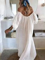 Robe longue blanche grande taille pour femme, épaules dénudées, manches fluides, encolure élastique, style bohème, pour les vacances, vente en gros, personnalisable
