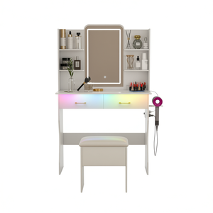 Moderno tocador blanco con iluminación LED RGB, cajones de almacenamiento y silla para maquillaje en el dormitorio. - Product Image 1