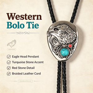 Cravate Bolo Western avec pendentif tête d'aigle, pierre turquoise, accent rouge, cordon en cuir tressé, style classique, usage quotidien - Product Image 1