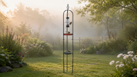 Station d'alimentation pour oiseaux de grande taille avec abreuvoir, mangeoire à graines tubulaire, plateaux multi-niveaux, poteau métallique arqué, support de jardin pour oiseaux sauvages