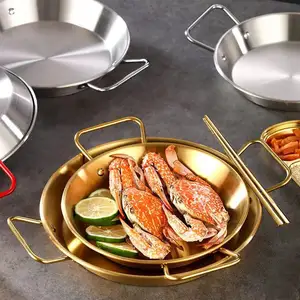 ステンレス鋼サービングフードトレイ丸いスペインのシーフード調理鍋2つのハンドル付き金属中華鍋ポータブルレストランプレート