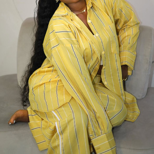 African Plus Size Women's New Casual Loose Striped Shirt <b>Pants</b> 2 Pieces Set Fashion - Product Image 3