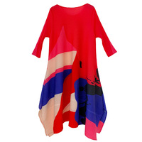 Robe plissée décontractée pour femme, style Miyake, imprimé artistique abstrait, manches 3/4, coupe trapèze, très extensible, vente en gros